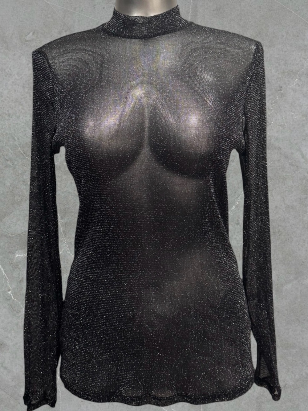 Metallic Sheer Mock Neck Long Sleeve Top - Black